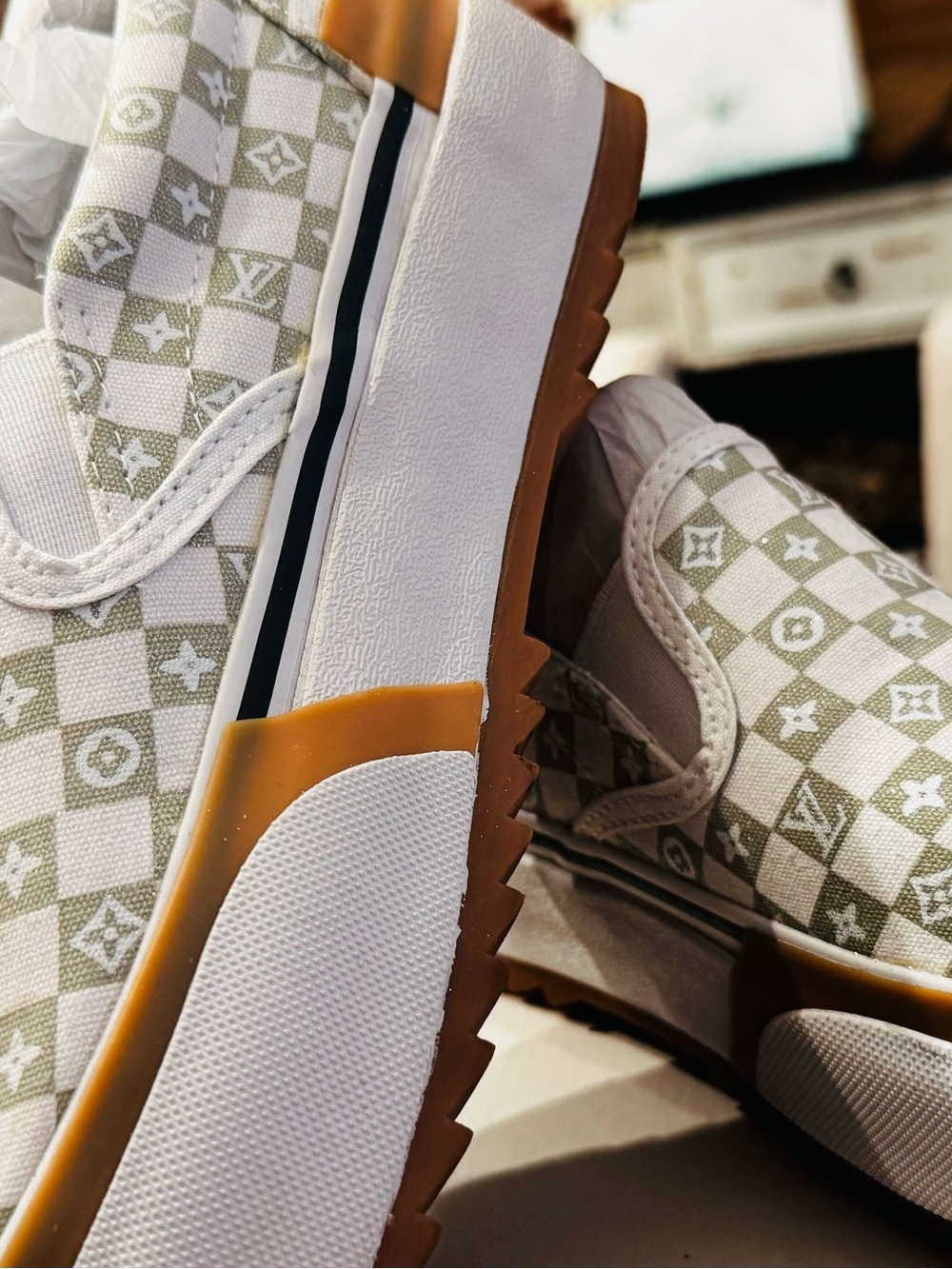 Custom Vans Slip-On Platform Sneakers - White & Olive Green Checkerboard - Picture 5 of 8